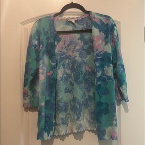 Isaac Mizrahi Blue and Green Cardigan Sweater with Artistic Flair